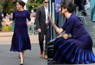 Meghan Markle incinta gonna blu pieghe Givenchy